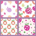 Set of seamless vector patterns with decorative ornamental cute strawberries.