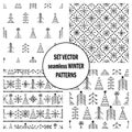 Set of seamless vector patterns with fir-trees, snowflakes. seasonal winter background with cute hand drawn fir trees Graphic illu Royalty Free Stock Photo