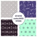 Set of seamless vector patterns with fir-trees, snowflakes. seasonal winter background with cute hand drawn fir trees Graphic illu Royalty Free Stock Photo