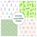 Set of seamless vector patterns with fir-trees, snowflakes. seasonal winter background with cute hand drawn fir trees Graphic illu Royalty Free Stock Photo