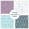 Set of seamless vector patterns with fir-trees, snowflakes. seasonal winter background with cute hand drawn fir trees Graphic illu Royalty Free Stock Photo