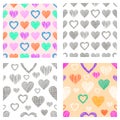 Set of seamless vector patterns with hearts. endless symmetrical backgrounds with hand drawn textured figures. Graphic illustratio Royalty Free Stock Photo