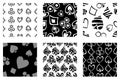 Set of seamless vector patterns with icons of playings cards. background with hand drawn symbols. Black and white Decorative repea