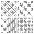 Set of seamless vector patterns, symmetrical geometric backgrounds with spiders.