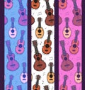 Set of seamless vertical border with contour ukuleles, musical notes on various background. Hawaiian music. Musical string Royalty Free Stock Photo