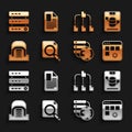 Set Search concept with folder, Server, Data, Web Hosting, Loading data window, Network cloud connection, Hangar servers