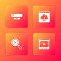 Set Search engine, Cloud upload, Magnifying glass and delete and Online play video icon. Vector Royalty Free Stock Photo