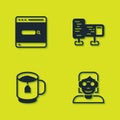 Set Search engine, Hacker or coder, Cup of tea with tea bag and Computer monitor screen icon. Vector