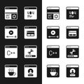 Set Search engine, Online play video, Debugging, Page with 404 error, Software, Loading data window, Create account Royalty Free Stock Photo