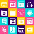 Set Search engine, Software, Processor, Browser window, Server, Data, Web Hosting, Keyboard and Debugging icon. Vector Royalty Free Stock Photo