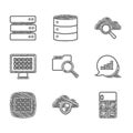 Set Search with folder, Cloud and shield, Calculator, Pie chart infographic, Binary code, cloud computing and Server Royalty Free Stock Photo