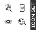 Set Search globe, data analysis, Time management and Mobile stock trading icon. Vector