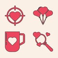 Set Search heart and love, Heart in the center of darts target aim, Balloons in form of heart and Coffee cup and heart Royalty Free Stock Photo