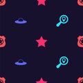 Set Search location, UFO flying spaceship, Star and Police badge on seamless pattern. Vector