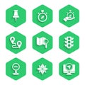 Set Search location, Wind rose, Monitor with marker, Traffic light, Stop sign, Route, Compass and Push pin icon. Vector Royalty Free Stock Photo