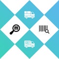 Set Search package, Free delivery service, Delivery truck with boxes and barcode icon. Vector