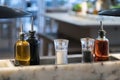 set of seasonings: olive oil, vinegar, salt, pepper on table in the restaurant. condiment on the table. close up Royalty Free Stock Photo