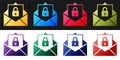 Set Secure mail icon isolated on black and white background. Mailing envelope locked with padlock. Vector