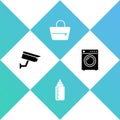 Set Security camera, Baby bottle, Handbag and Washer icon. Vector