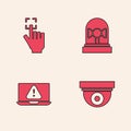 Set Security camera, Fingerprint, Flasher siren and Laptop with exclamation mark icon. Vector