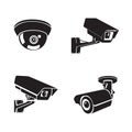 Set of security camera icons. Cctv black silhouettes.