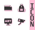 Set Security camera, Paper adhesive sticker, Speech bubble with text art and School backpack icon. Vector Royalty Free Stock Photo