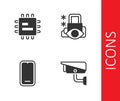 Set Security camera, Processor CPU, Mobile phone and Cyber security icon. Vector