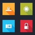 Set Security camera, Processor with microcircuits CPU, Photo and Safe combination lock icon. Vector Royalty Free Stock Photo