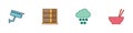 Set Security camera, Server, Data, Web Hosting, Cloud with snow and Bowl chopsticks icon. Vector Royalty Free Stock Photo