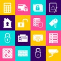 Set Security camera, Server, Data, Web Hosting, Marked key, Secure your site with HTTPS, SSL, Open padlock, House under Royalty Free Stock Photo