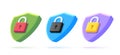 Set of security icons with 3d shield shape with padlock, isometric 3d render illustration