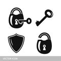 Set of security icons: lock, key and shield. Royalty Free Stock Photo