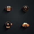 Set Security keypad access panel, Lock, Ringing alarm bell and Cloud computing lock icon with long shadow. Vector Royalty Free Stock Photo