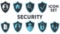 Set of security vector icons. Each of nine icons has a shield on the background Royalty Free Stock Photo