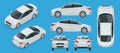 Set of Sedan Cars. Compact Hybrid Vehicle. Eco-friendly hi-tech auto. Isolated car, template for branding, advertising