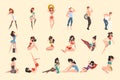 Set of seductive pin up girls in clothing. Females standing and sitting in different posses. Sensual stylish women