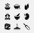 Set Seeds in bowl, Flour, pack, Scoop flour, Farmer the hat and Mortar and pestle icon. Vector Royalty Free Stock Photo