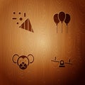 Set Seesaw, Festive confetti, Monkey and Balloons with ribbon on wooden background. Vector Royalty Free Stock Photo
