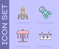 Set Seesaw, Rocket ship, Attraction carousel and Badminton shuttlecock icon. Vector Royalty Free Stock Photo