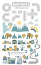 Set of segments for Childrens map road creator. Vector illustration of road, mountains, wood, lake, building and