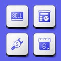 Set Sell button, Pie chart infographic, Repair price and Calendar icon. White square button. Vector