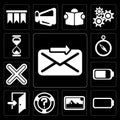Set of Send, Battery, Photos, Help, Exit, Multiply, Compass, Hourglass, editable icon pack