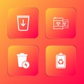 Set Send to the trash, Radioactive waste in barrel, Lightning with can and Battery recycle icon. Vector