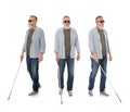 Set of senior blind man with long cane walking on white Royalty Free Stock Photo