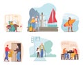 Set Of Senior Characters Life Scenes. Pensioner Reading Newspaper, Old Couple Travel With Luggage, Engage Surfing Sport