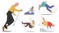 Set of Senior Male and Female Character Falling Down on the Ground due to Slippery Road, Clumsiness or Health Problem