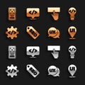 Set SEO optimization, Front end development, UI or UX design, Keyboard, and icon. Vector Royalty Free Stock Photo