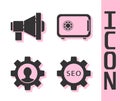Set Seo tag with gear wheel, Megaphone, Human with gear inside and Safe icon. Vector