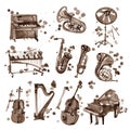 Set of sepia watercolor musical instruments.