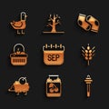 Set September calendar autumn, Jam jar, Honey dipper stick, Wheat, Hedgehog, Basket and food, Socks and Dove icon